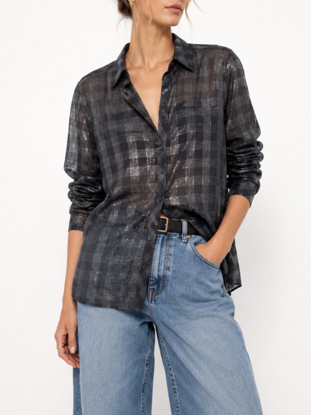 Vintage Metallic Plaid Sheer Button Down Shirt Y2K by N Touch